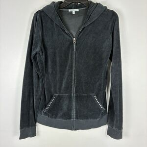 ⭐️ Y2K Vintage Black Velour Velvet Zip Hoodie Rhinestones Sz M Paris Spears